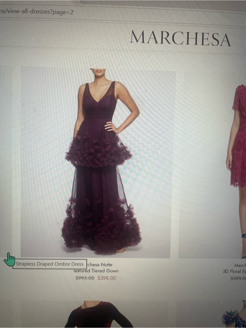 Marchesa Sleeveless Plum Tiered Floral Appliqué Gown
